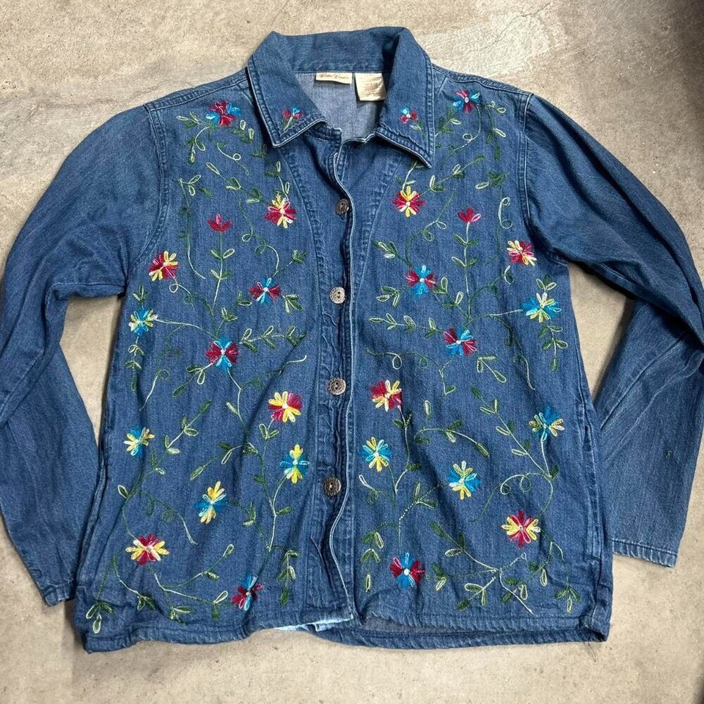 Vintage Bobbie Brooks Embroidered Floral Blue Jean Denim Jacket Women’s Size M